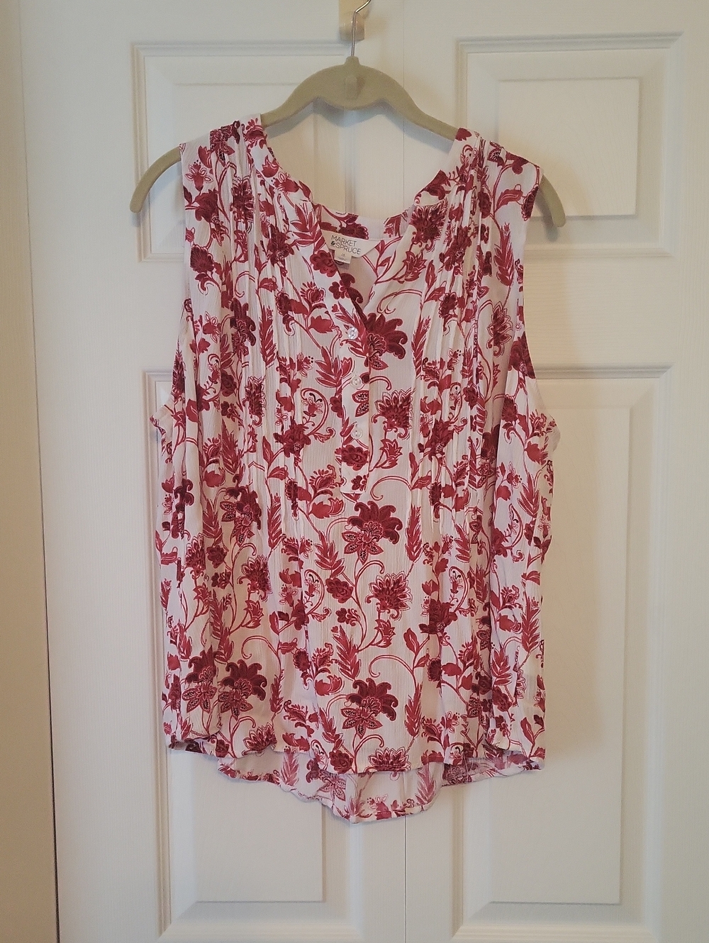 White and Red Floral Sleeveless Blouse